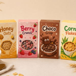 Four colorful custom mini cereal boxes with clear windows displayed beside cereal, milk, and wheat