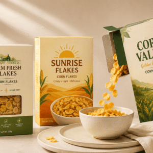 Three custom printed corn flakes boxes with a clear window and cereal pouring into a bowl