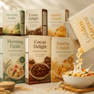 Custom printed cereal boxes wholesale with multiple cereal flavors, shipping cartons, milk, grains, and breakfast bowls