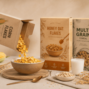 Kraft cereal cardboard boxes with printed designs, clear windows, cereal bowls, milk, corn, oats, and wheat
