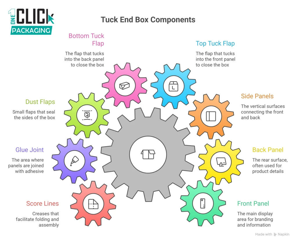 INFOGRAPHIC Anatomy of a Tuck End Box  Labeled diagram showing all parts frontbackside panels, top tuck, bottom tuck, dust flaps, glue joint