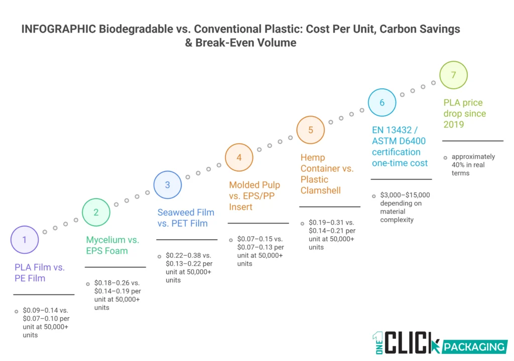 INFOGRAPHIC Biodegradable vs. Conventional Plastic Cost Per Unit, Carbon Savings & Break-Even Volume