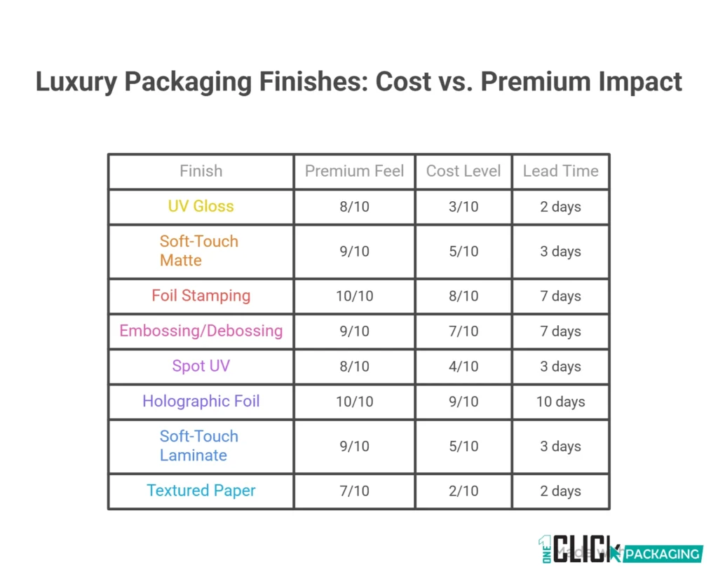 INFOGRAPHIC Luxury Packaging Finishes Comparison Chart — Cost vs. Premium Impact
