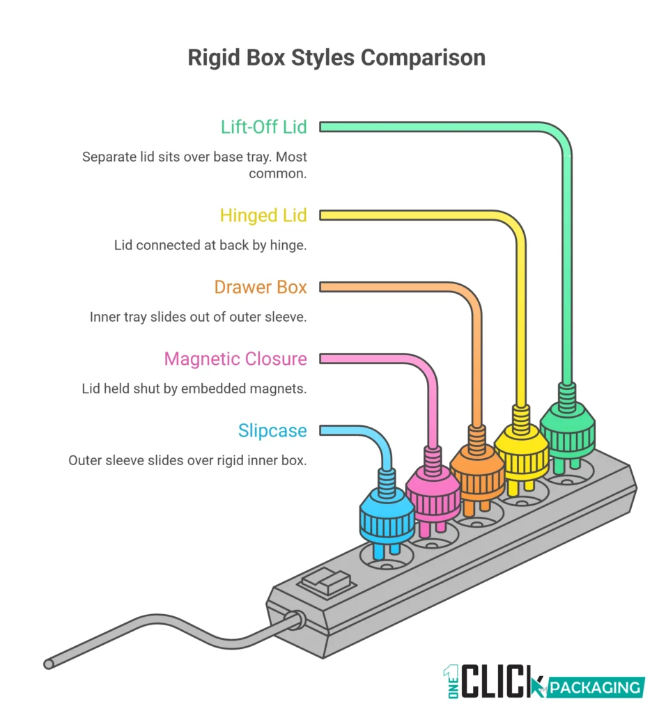 NFOGRAPHIC Rigid Box Styles Visual Comparison Lift-Off vs Drawer vs Magnetic vs Hinged