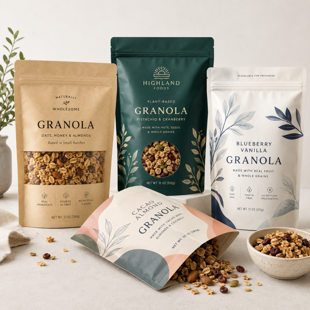 Custom printed resealable granola pouches with clear windows and branded designs