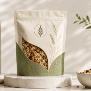 Cream and sage custom granola pouch with resealable zipper and leaf-shaped clear window displaying granola