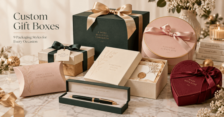 Custom gift boxes in rigid, circular, pillow, heart and pen box styles