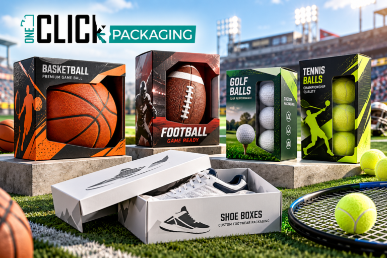 Custom sports boxes for basketball, football, golf balls, tennis balls, and white shoe packaging displayed in a stadium setting