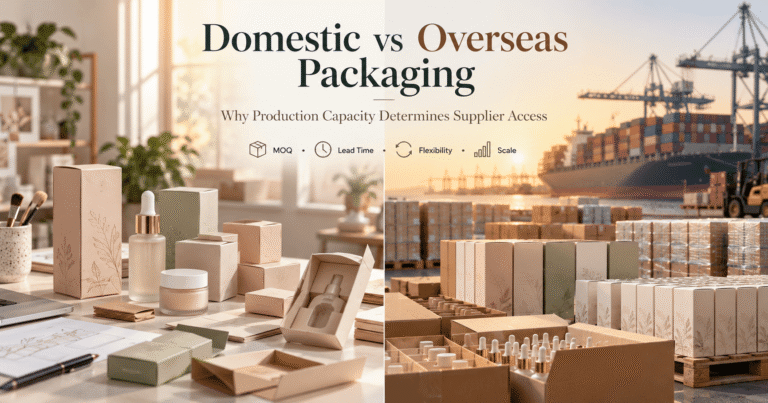 Domestic vs overseas packaging for skincare startups showing small-batch local packaging and large-scale overseas manufacturing