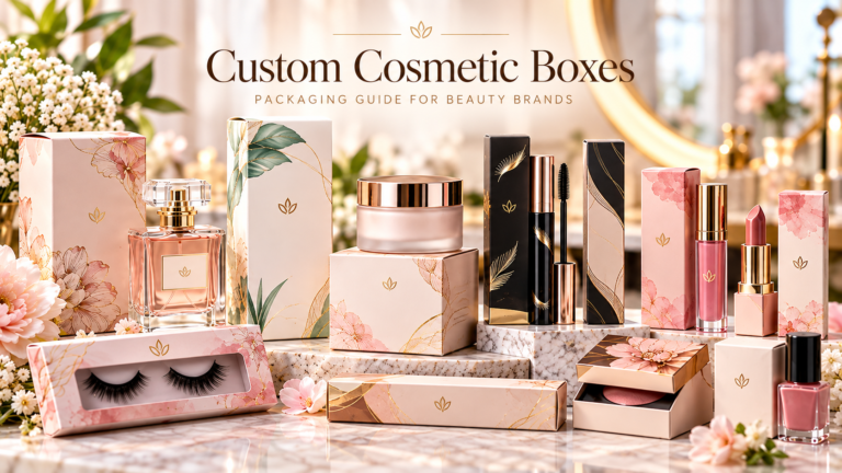 Custom cosmetic boxes for perfume, skincare, mascara, eyeliner, lip gloss, lipstick, lashes and nail polish packaging