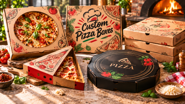 Custom pizza boxes featuring window pizza boxes, pizza slice packaging, round pizza boxes and branded delivery boxes